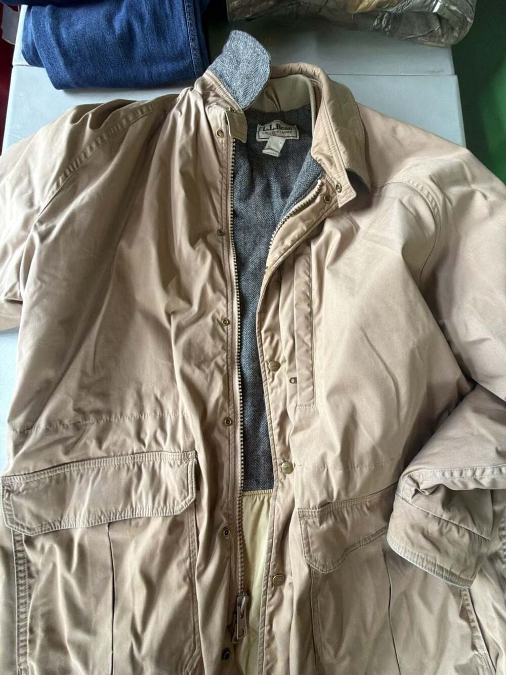 Vintage L.L. Bean Khaki Utility Winter Jacket with Herringbone Fleece Lining